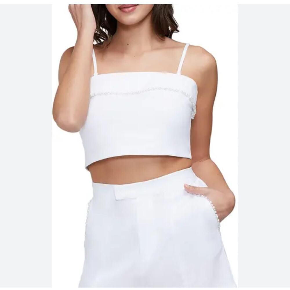 New Wildfox Odessa Cropped Top Beaded Spaghetti Straps Linen Blend White Size L